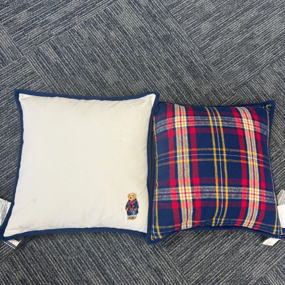 2 Ralph Lauren Polo Bear Plaid Throw Pillows Reversible Navy Blue Tartan 20x20